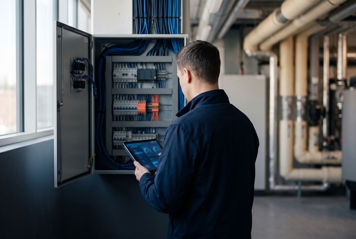 Técnico, de espaldas, revisando un tablero de control ordenado en la sala técnica de un edificio
